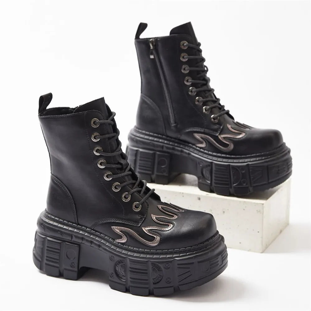 Fashion Women Punk Lace-Up Round Toe Boots For Woman's Thick Bottom Knee High Botas Mujer 2025 Motorcycle Party Platform Shoes
