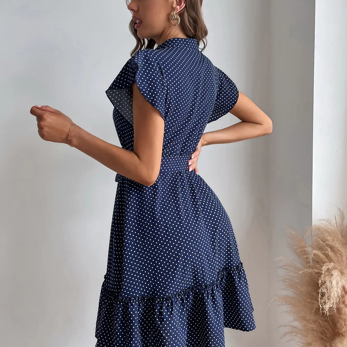 European and American women's polka dot printed butterfly sleeves with ruffled edges and wide pine hem waistband dress