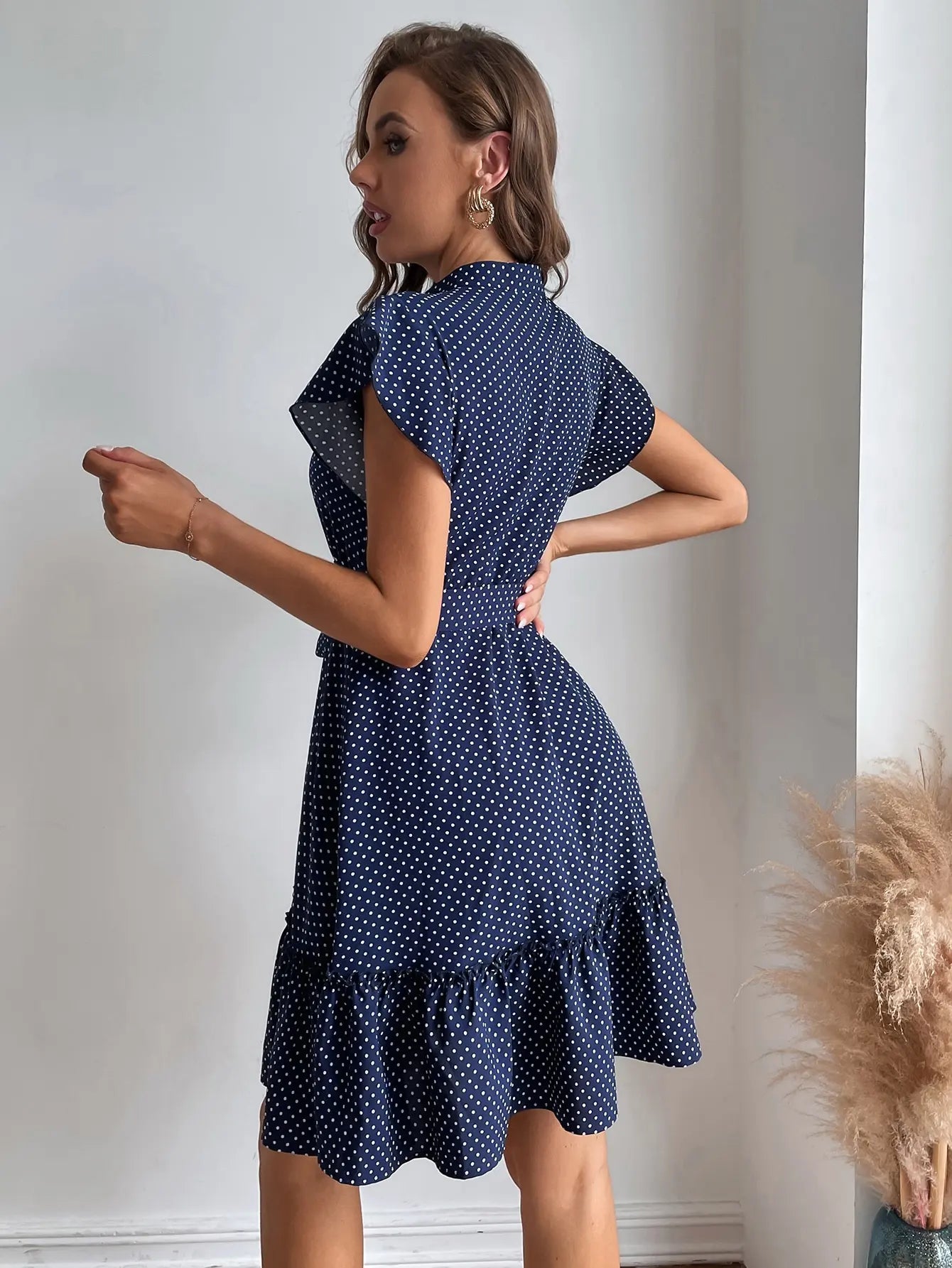 European and American women's polka dot printed butterfly sleeves with ruffled edges and wide pine hem waistband dress