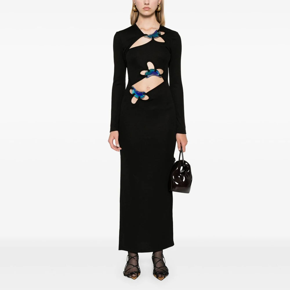 Black Color Women Long Sleeve Sexy Holes Bodycon Long Dress Fashion Celebrate Evening Party Red Carpet Dress Wholesale black