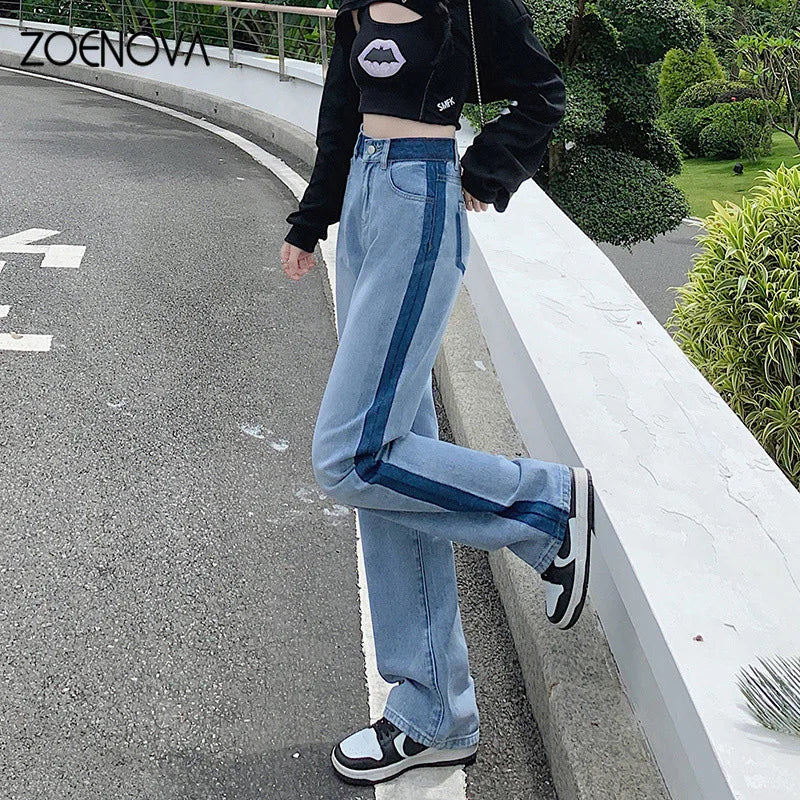 ZOENOVA Loose Women Jeans Spring Straight Wide Leg Pants Trendy Harajuku Streets Y2K High Waist Contrast Stripes Denim Trousers