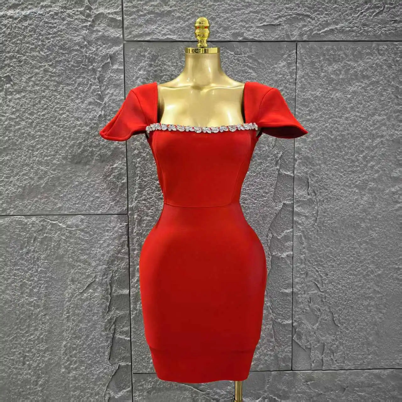 Black Red Color Women Sexy Short Sleeve Square Collar Bodycon Mini Bandage Dress Nightclub Party Celebrate Birthday Fashion Wear Red