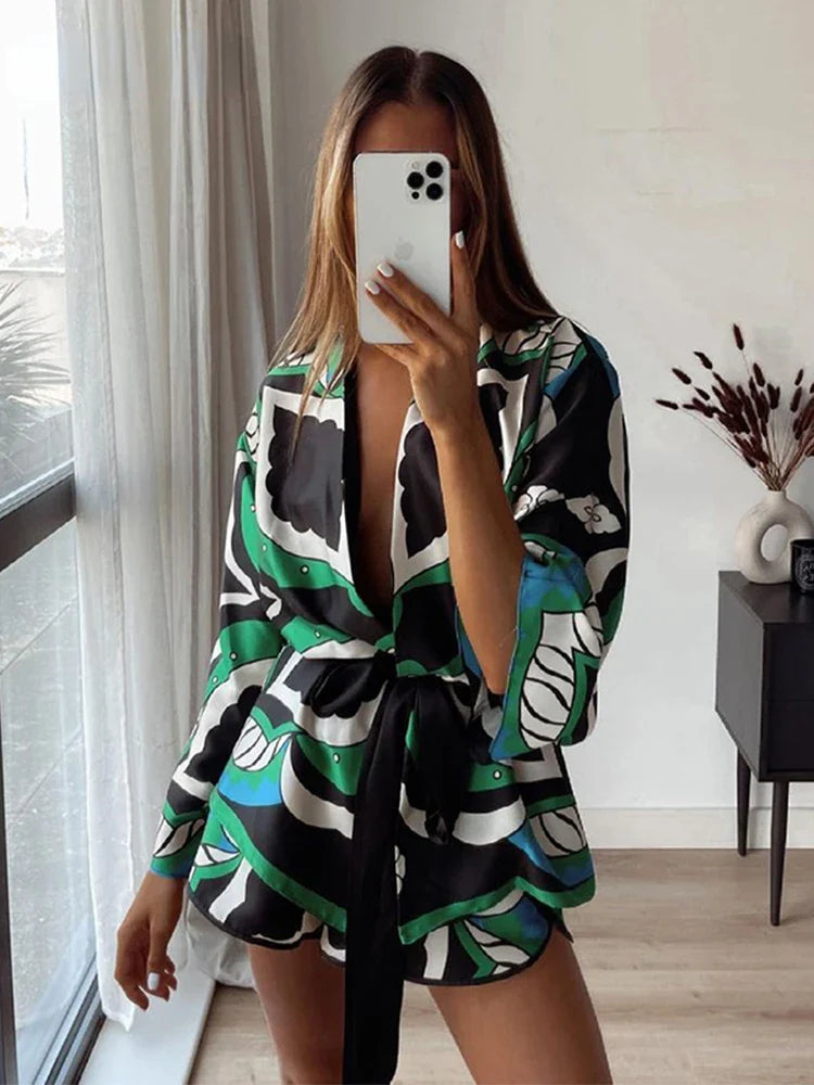 Foridol Oversized Green Print Boho Women Shorts Sets Shirts Shorts Pants Three Pieces Fashion Suits Matching Sets Summer