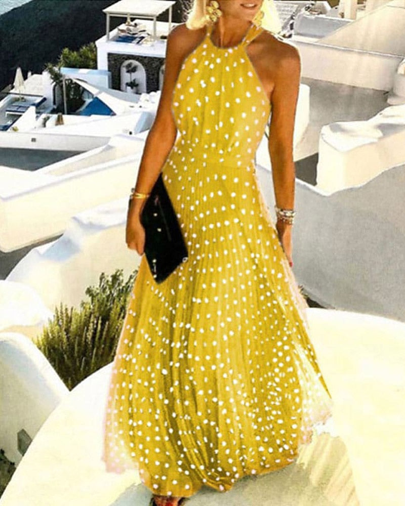 Summer Women Boho Polka Dot Print Chiffon Pleated Maxi Dress - New Femme Sleeveless Maxi Boho Vacation Outfits Lady Clothing Yellow