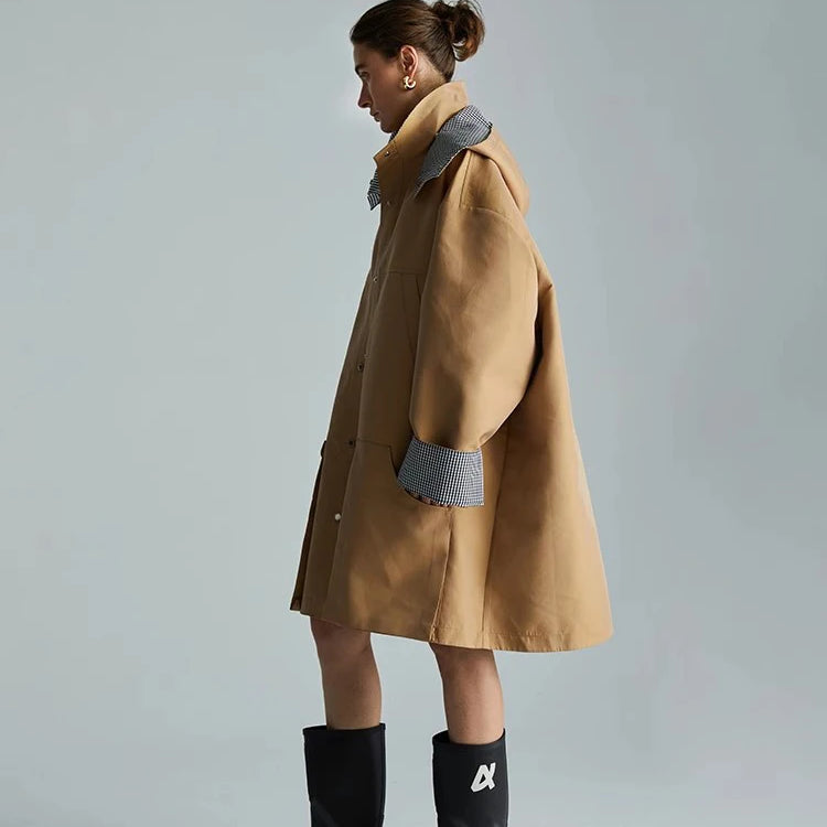 Lautaro Spring Autumn Cool Oversized Waterproof Khaki Patchwork Checkerboard Trench Coat for Women with Detachable Hood Fashion