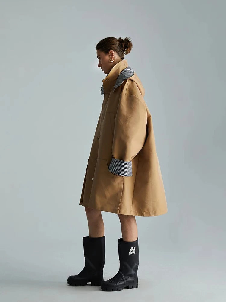 Lautaro Spring Autumn Cool Oversized Waterproof Khaki Patchwork Checkerboard Trench Coat for Women with Detachable Hood Fashion
