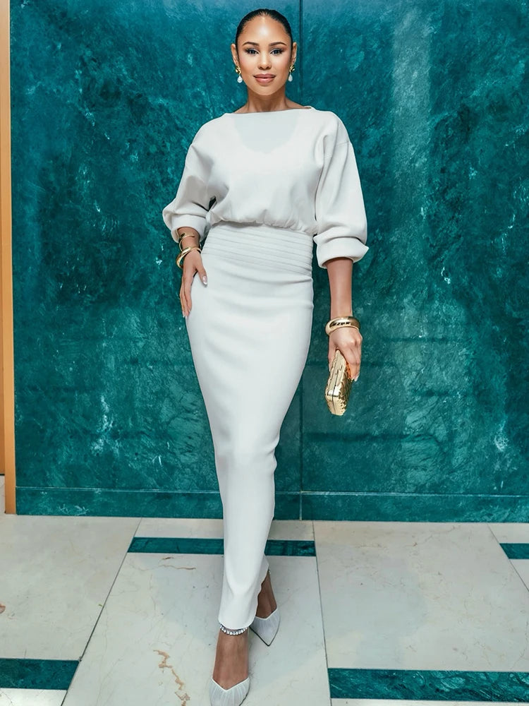 Elegant Soft Crewneck White Long Sleeveless Midi Dress for Office-Ready Chic Gown