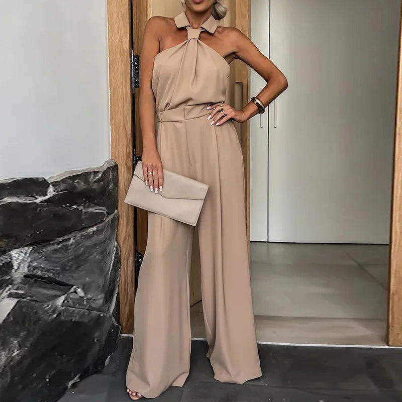New Spring Summer Women Sleeveless Jumpsuits, Wide Leg Pants Loungewear Playsuits, Patchwork Pocket Simple Ladies Bodysuits 01 Camel