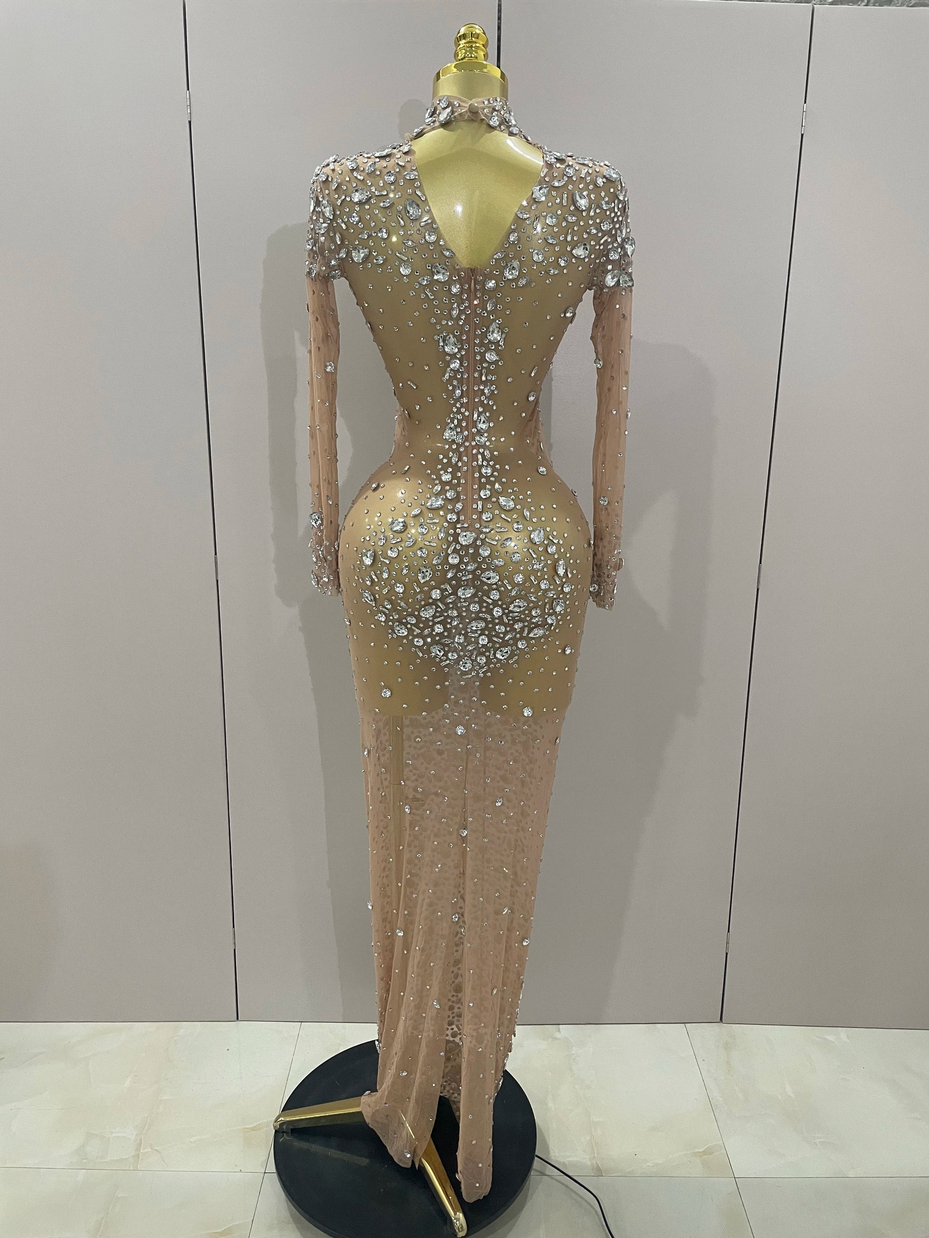 Sparkly Silver Big Rhinestone Sexy Transparent Long Dress 2025 Women Evening Birthday Party Celebrate Club Dancer Stage Costume