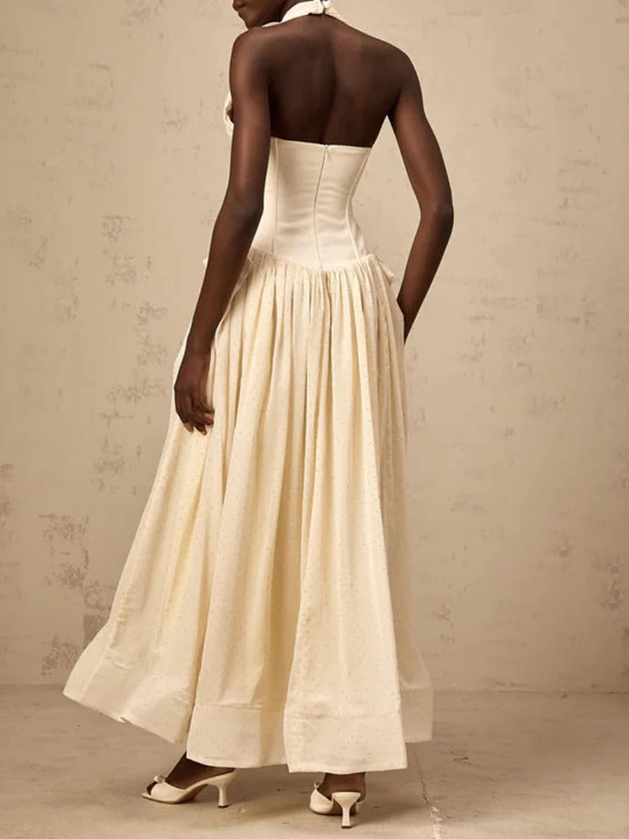 Solid Slimming Temperament Dresses for Women Halter Neck Sleeveless Patchwork Folds Tunic Elegant Dress Female New