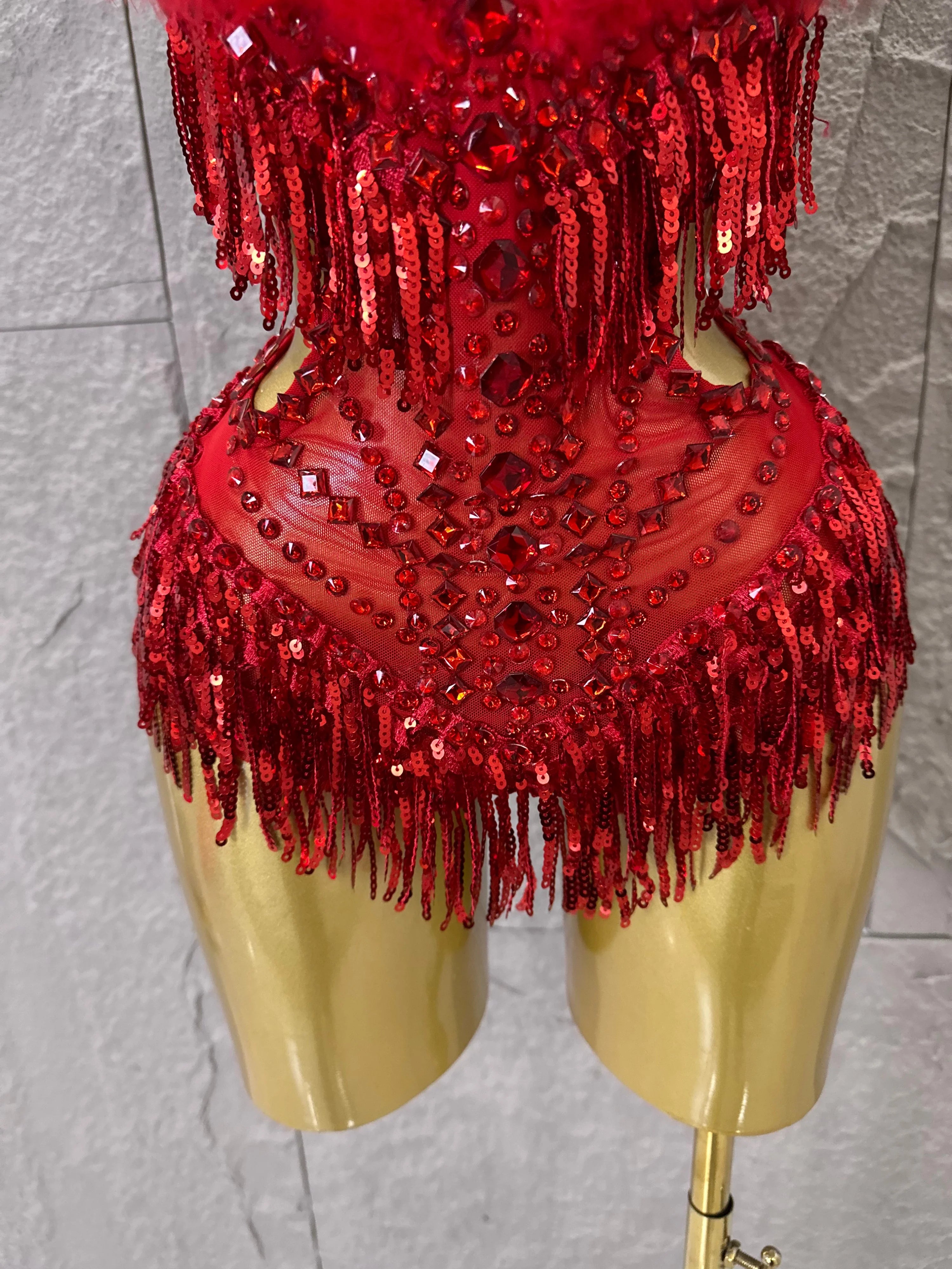 Luxurious Sheer Mesh Bodysuit Women Sexy Crystal Embellished Feather Fringe Trim Spaghetti Strap Outfit Stage Performance Outfit