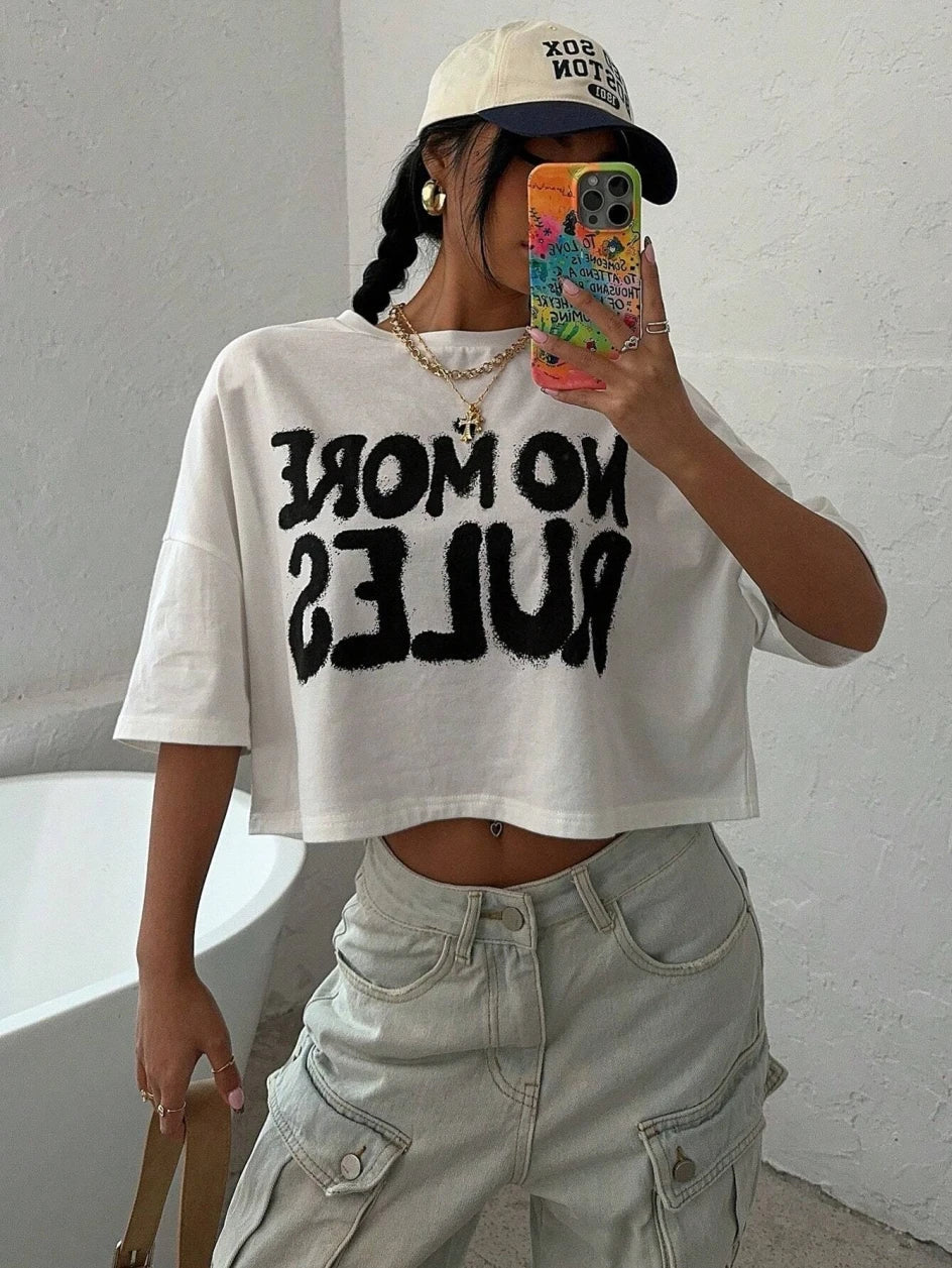100% Cotton Women Crop T-shirts No More Rules Letter Prints Tops O-Neck Short Sleeves Tees Summer Fashion Street Female Clothing white