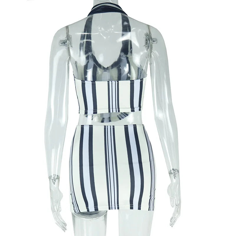 CM.YAYA Fashion Sporty Women's Set Mini Skirt and Sleeveless Striped Top Autumn Street Sext Girl Two 2 Piece Dress Sets Outfits