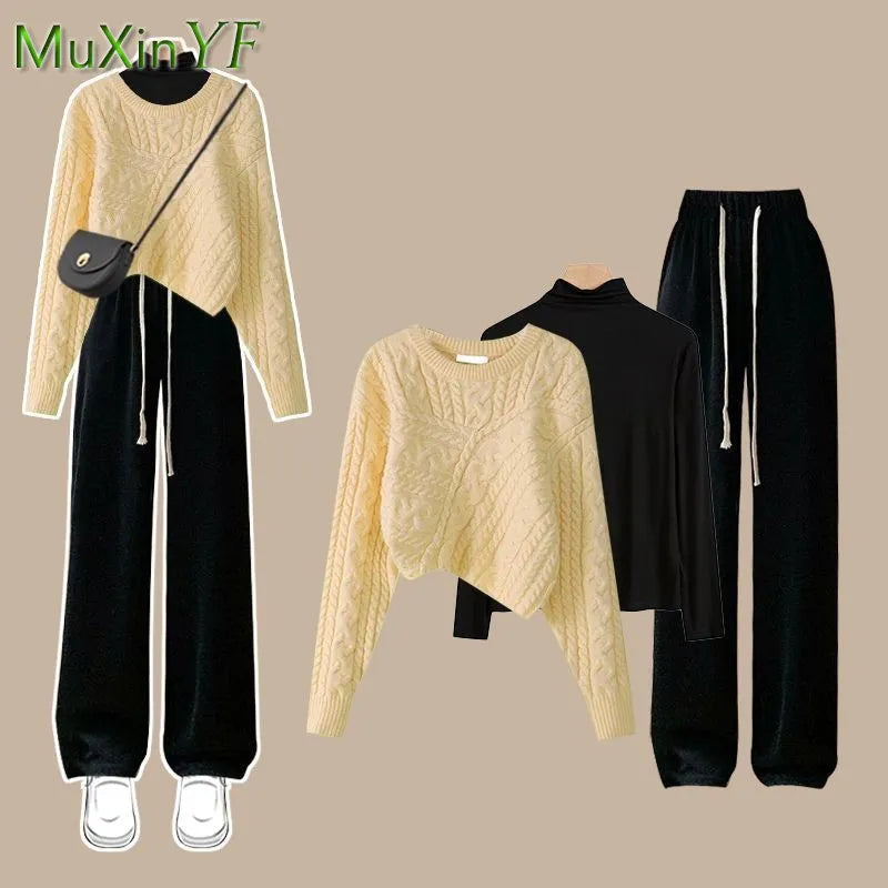 Women's Autumn Winter Suit 2024 New Fashion Knitted Sweater Undershirt Casual Pants 3 Piece Korean Elegant Trousers Matching Set