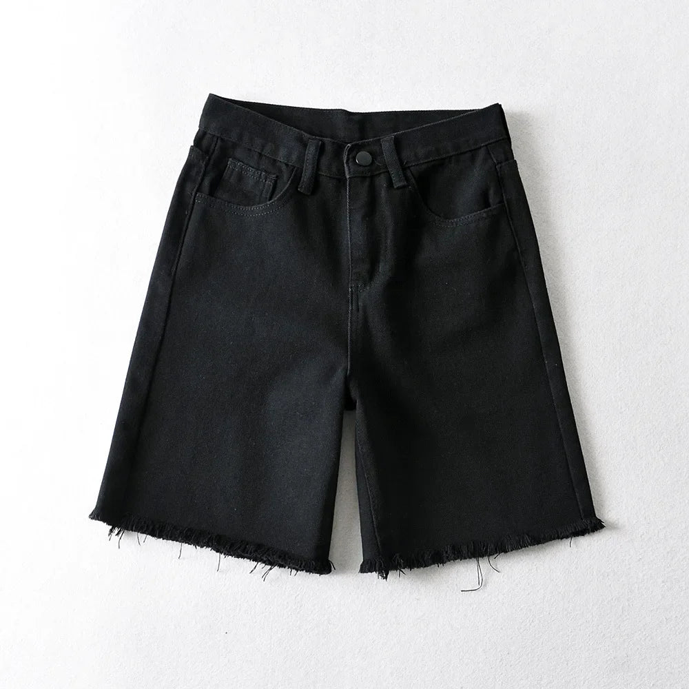Women High Waist Wide Leg Denim Shorts Tassel Summer Fashion Streetwear Casual Solid Color Female Loose Stright Jeans black