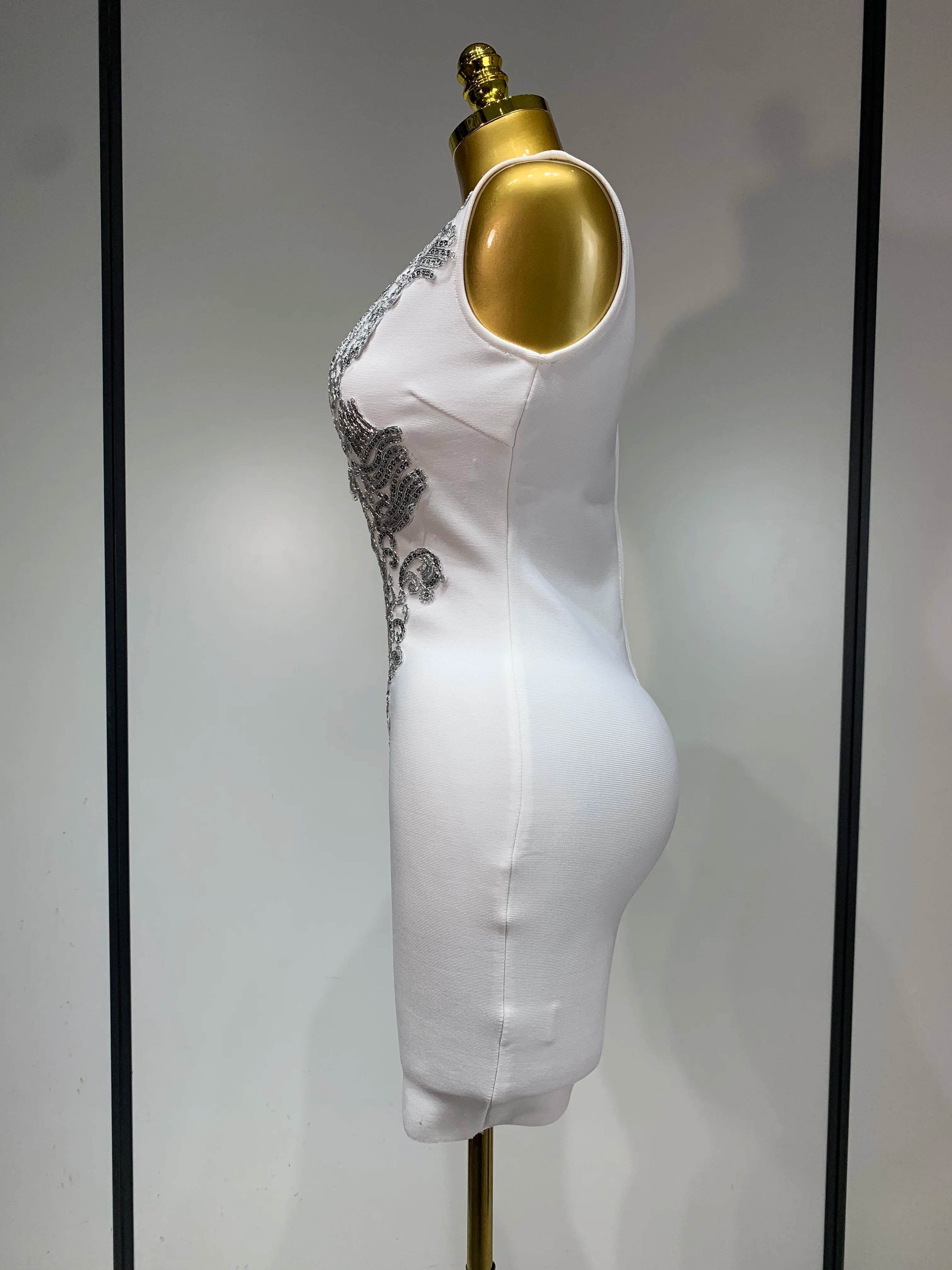 Women 2025 Sexy V Neck Cut Out Short Bandage Dress Silver Sequin White Elegant Luxury Birthday Party Club Wedding Vestidos