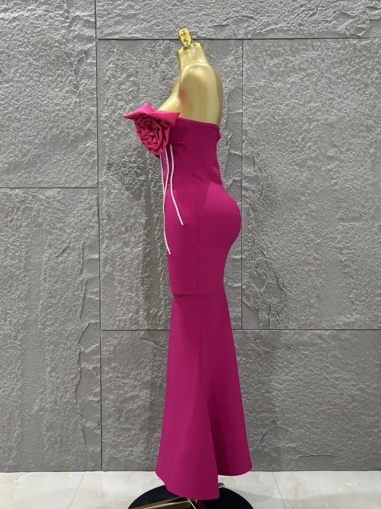 Rosered Color Women Sexy Florals Strapless Diamond Line Bodycon Long Bandage Dress Birthday Party Photo Shoot Wear