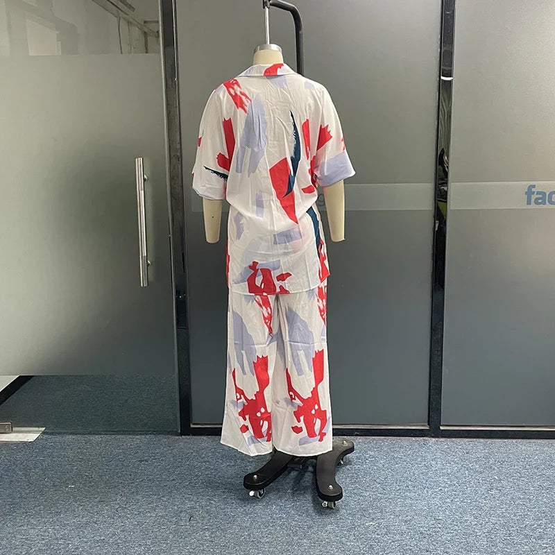 Waytobele Women Two Piece Set Casual Abstract Print V Neck Laple Lantern Sleeve Long Top Loose Wide Legs Pants Sets Streetwear