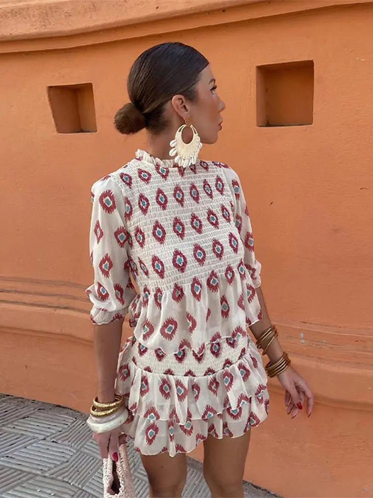 Woman Casual Printed Slim Shirt Short Skirt 2 Piece Set Puff Half Sleeve T-shirt High Waist Pleated Mini Dress Suit Outfit as picture