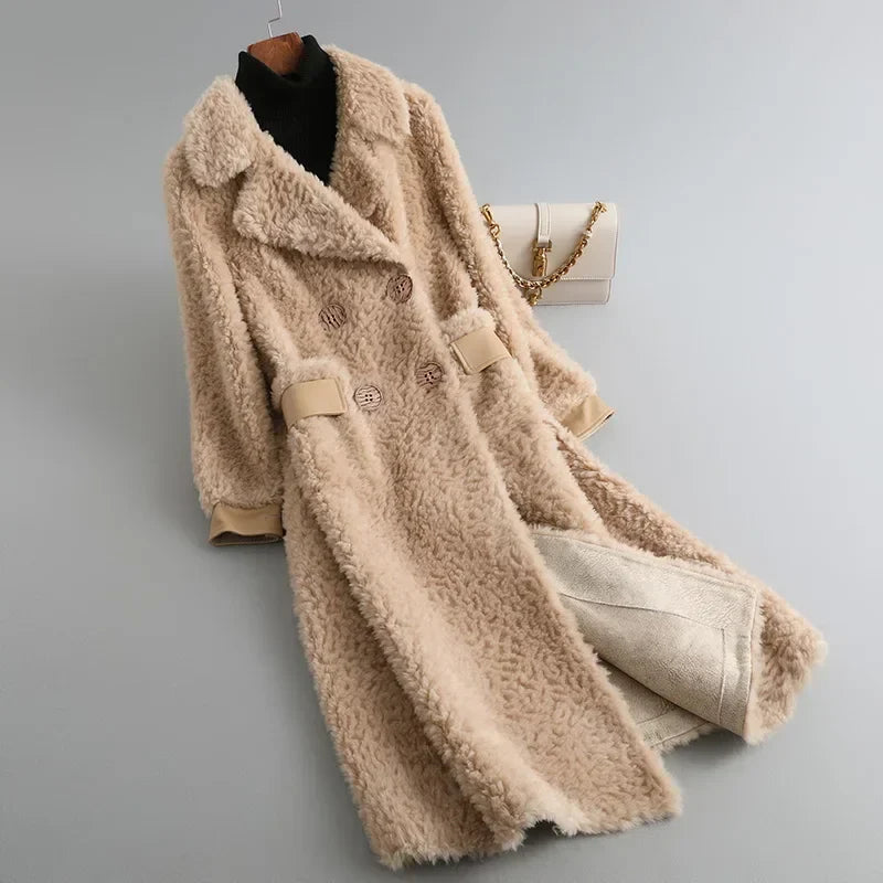 High Street Wool Fur Jacket Women Clothes Warm Fur Coat Women Winter Fashion Mid Length Sheep Shearling Fur Jackets for Women Zm Khaki
