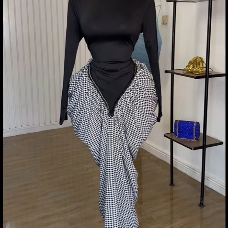 Women Houndstooth Stacked Ruched Side Long Sleeve Bodycon Midi Maxi Long Dress 2025 Birthday Vacation Sexy Party Dresses