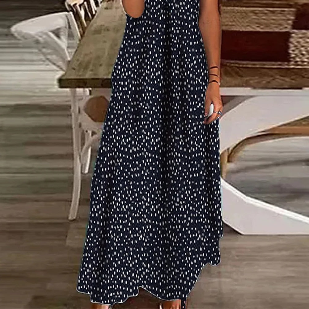 Summer Boho Floral Polka Dot V Neck Long Maxi Dress Elegant Ladies Holiday Beach Loose Retro Sundress