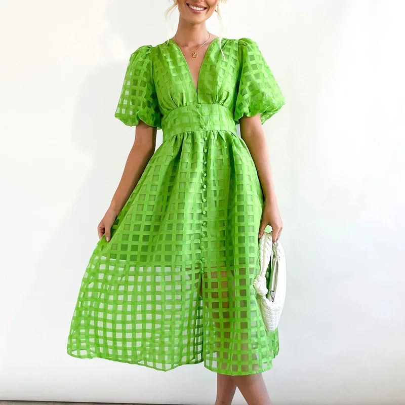 Summer Multicolor Lantern Short Sleeve Long Dress Elegant Ladies Solid V Neck Big Hem Dress Fashion Mesh Plaid High Waist Dress Green