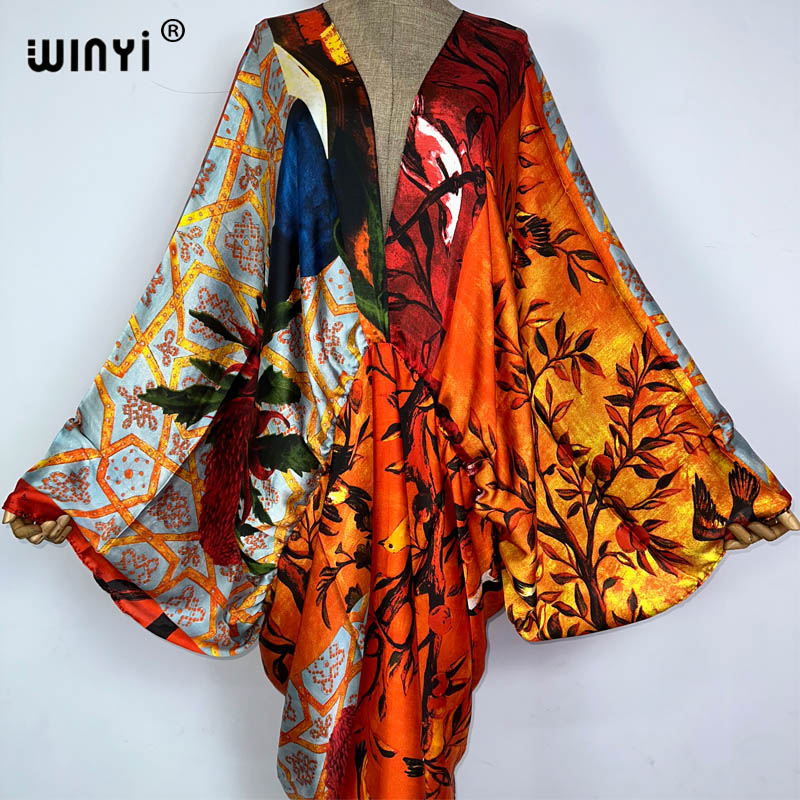 Sexy bech high-quality hand-rolled feel silk rayon fashion print 2024 WINYI Maxi Women's robes long beach V-neck Bohemian dress