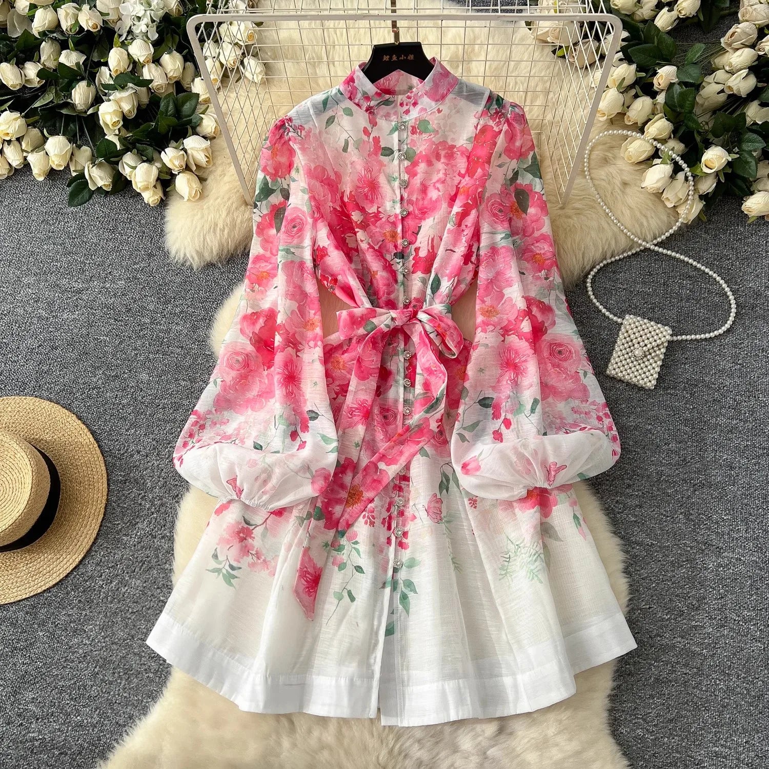 2025 Spring Holiday Gorgeous Flower Organza Dress Women Lantern Long Sleeve Beaded Button Floral Print Belt Lace Up Boho Vestido pink