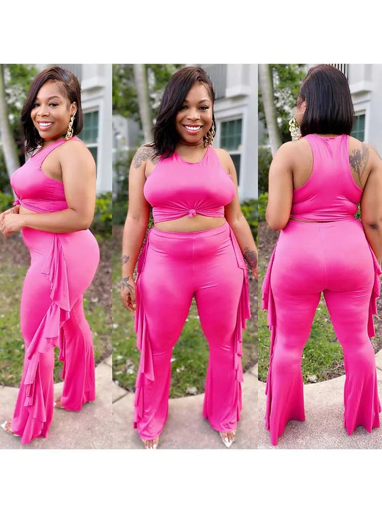 Style Plus Size Women Clothing Summer Two-piece Set Solid Color Tank Top Ruffle Pant Set Lady Trendy Suit Wholesale Dropshipping Pink