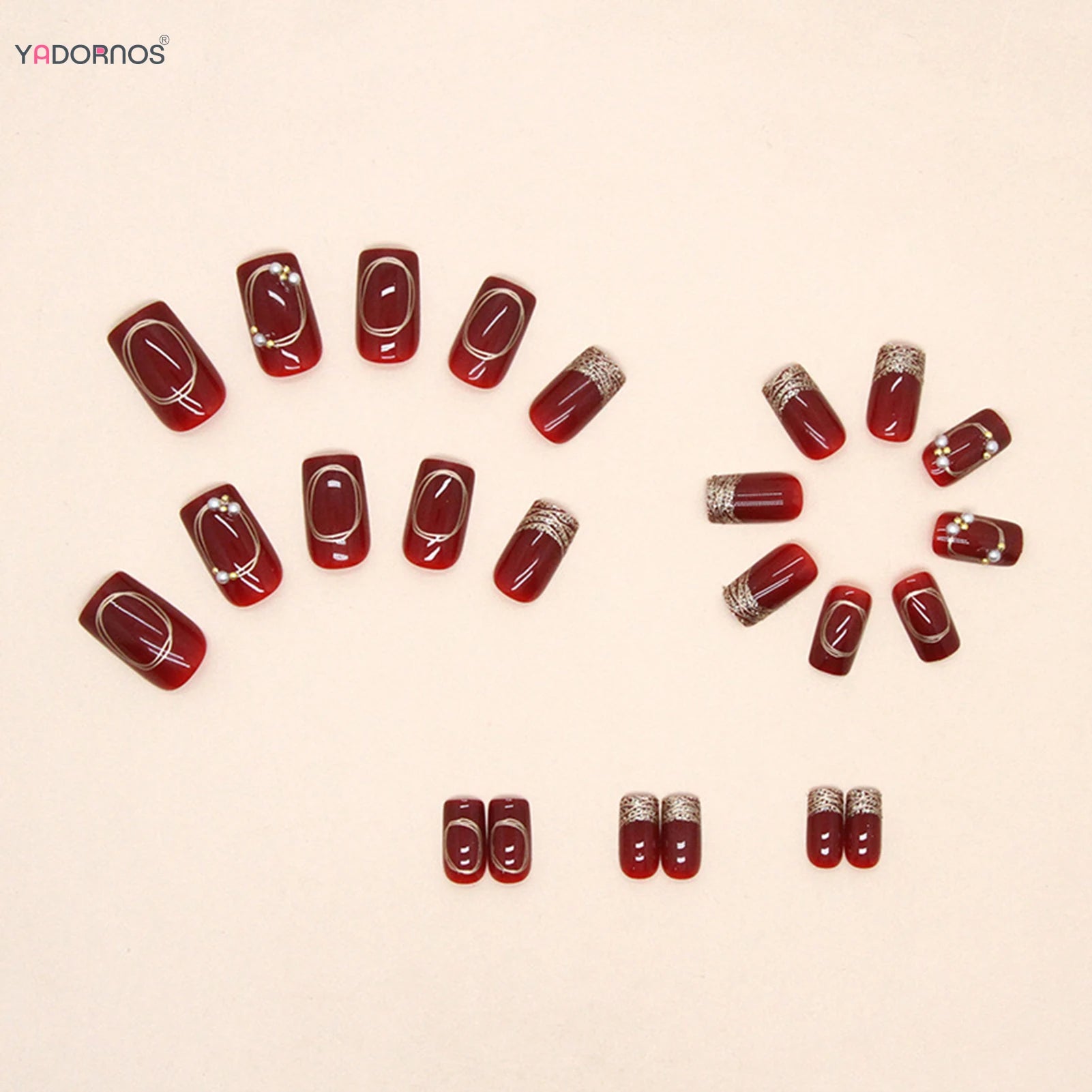 Women New Year Party Wine Red Fake Nails 24Pcs Gold French Press On Nails Short Square Wearable False Nails Patches DIY Manicure