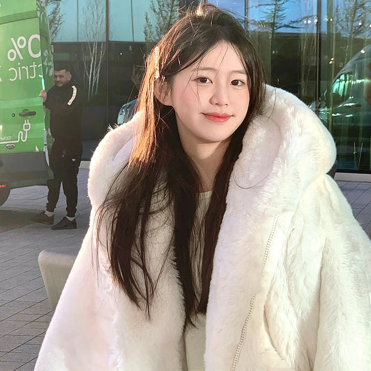 Lautaro Autumn Winter Thickened Warm White Reversible Faux Fur Coat Women with Fake Fur Inside Loose Luxury Cute Fluffy Jacket