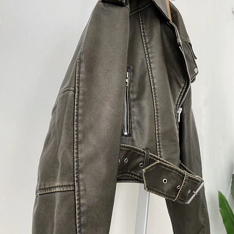 Lautaro-Women's Short Loose PU Leather Biker Jacket, Zipper , Retro Female Streetwear, European Fashion, Cool, Spring, Autumn,