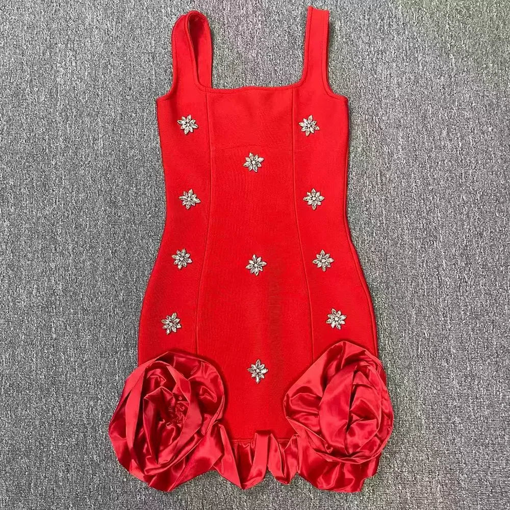 Spliced Diamonds Flower Bandage Mini Dress For Women Solid Color Sleeveless Bodycon Party Dresses Female 2025 Red
