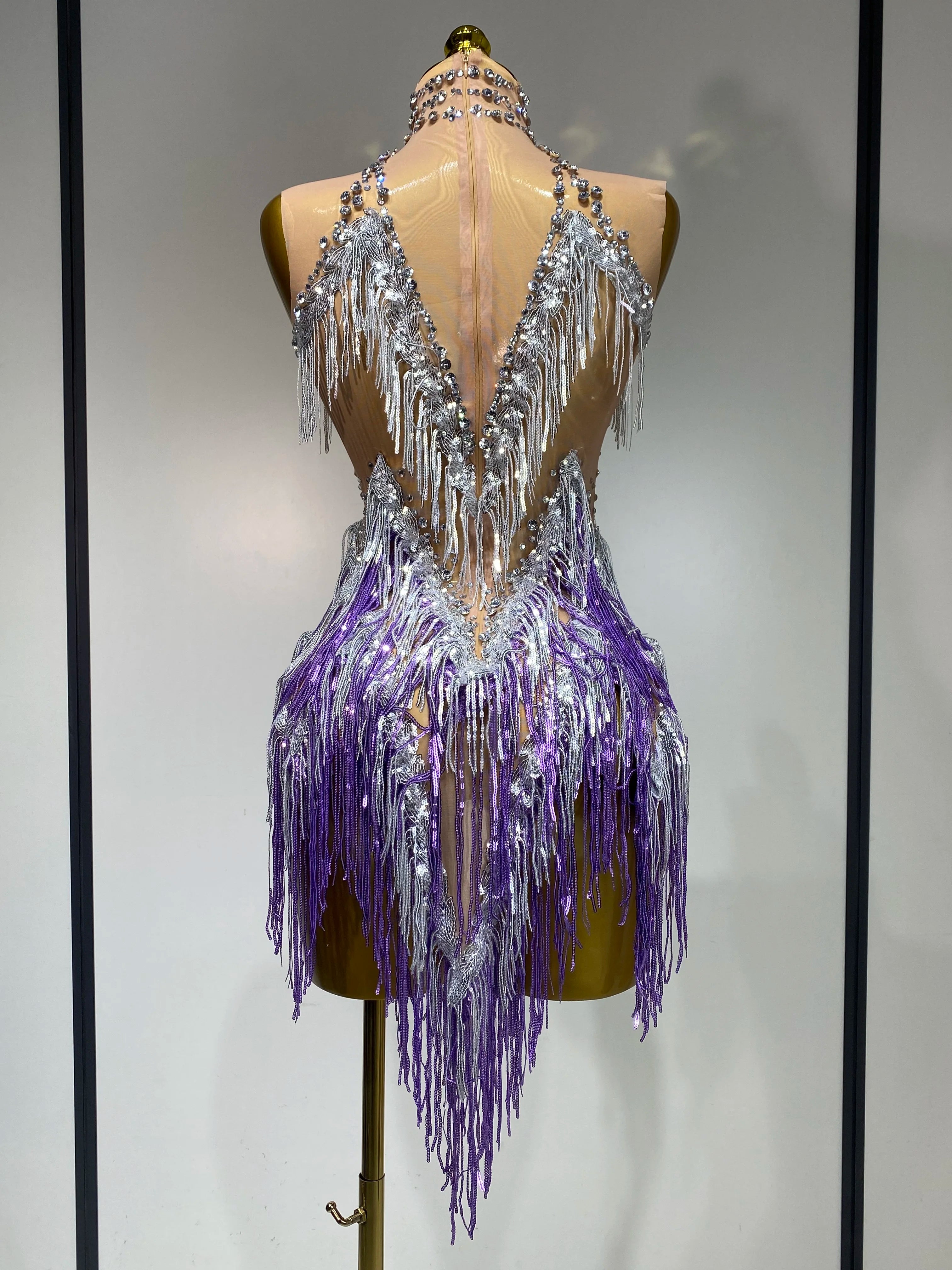 Luxury Rhinestone Tassel Sexy Women Short Latino Dance Dress Birthday Nightclub Bar Sleeveless Sparkly Performance Stage Outfit