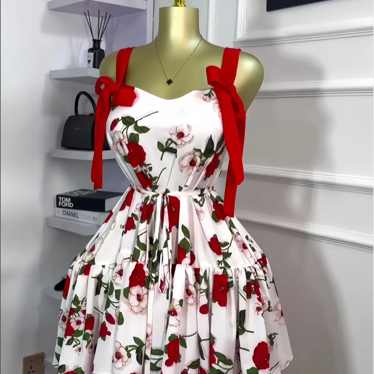 Women Floral Printed Flare Sleeveless Bow Strap Belt Mini Dress 2025 Evening Sexy Beach Party Birthday Street Dresses red white