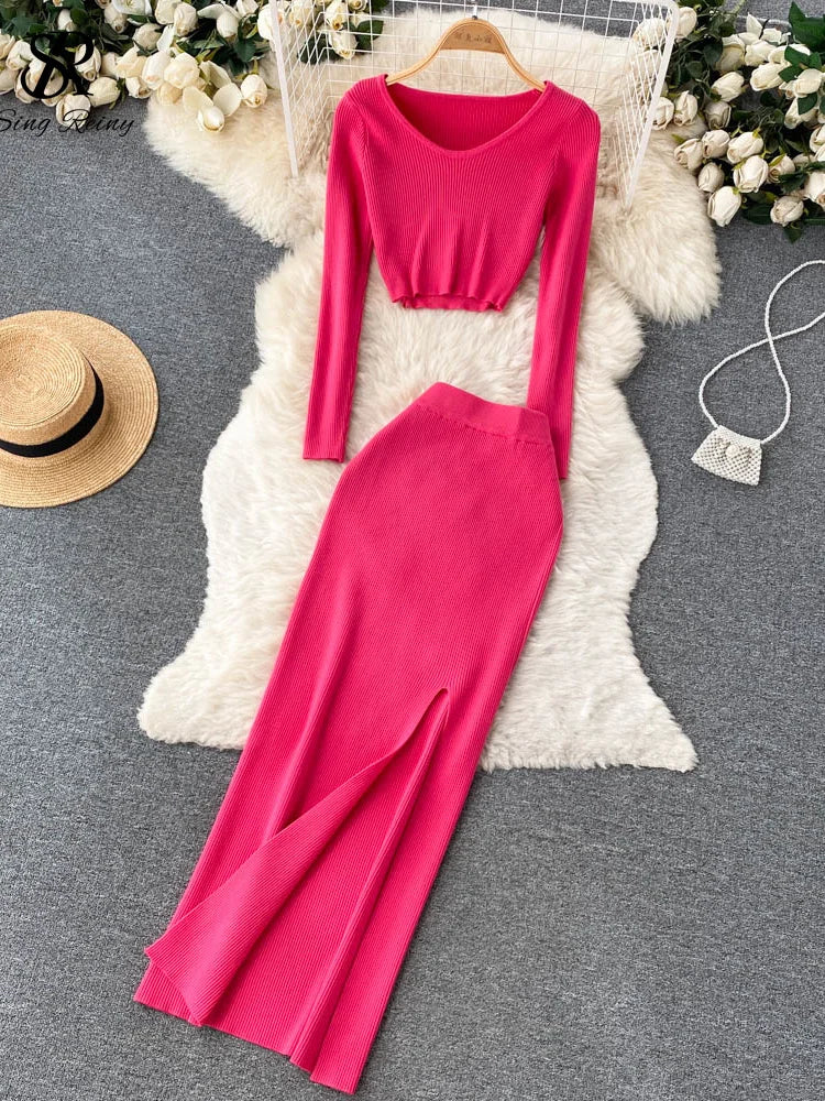 SINGREINY Autumn Sweater Two Pieces Suits Long Sleeves Knit Top+ Elatic Waist Slim Split Long Skirt Sets Women Warm Knitted Suit rose red One Size