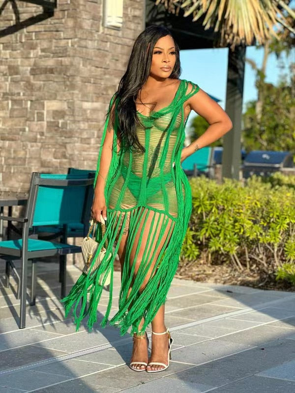 Sexy Crochet Knit Rib Tassel Mini Dress for Women Summer 2024 Fashion Sleeveless See Through Club Party Dresses Beach Wear Robe