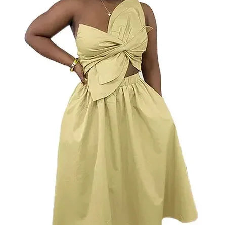 Women Big Petal Front Strapless Midi Long Dress 2024 Summer Street Vestidos Sexy Party Evening Chic Big Swing Dresses Khaki