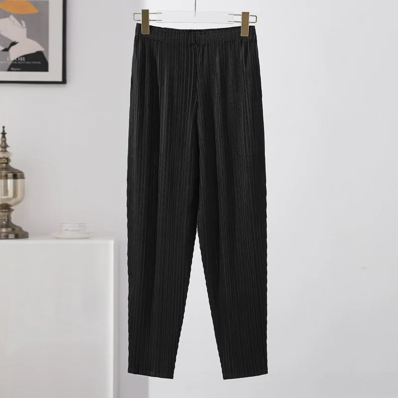 LANMREM Pleated Solid Color Harem Pants Women Pocket Elastic High Waist Female Fashion Ankle-length Trousers Summer 2I576 Black One Size