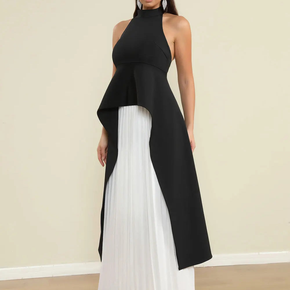 2025 Elegant Women's Loose pleated Long Dress with Stand up Collar and Sleeveless Black and White Dress Fashion Banquet Vestidos