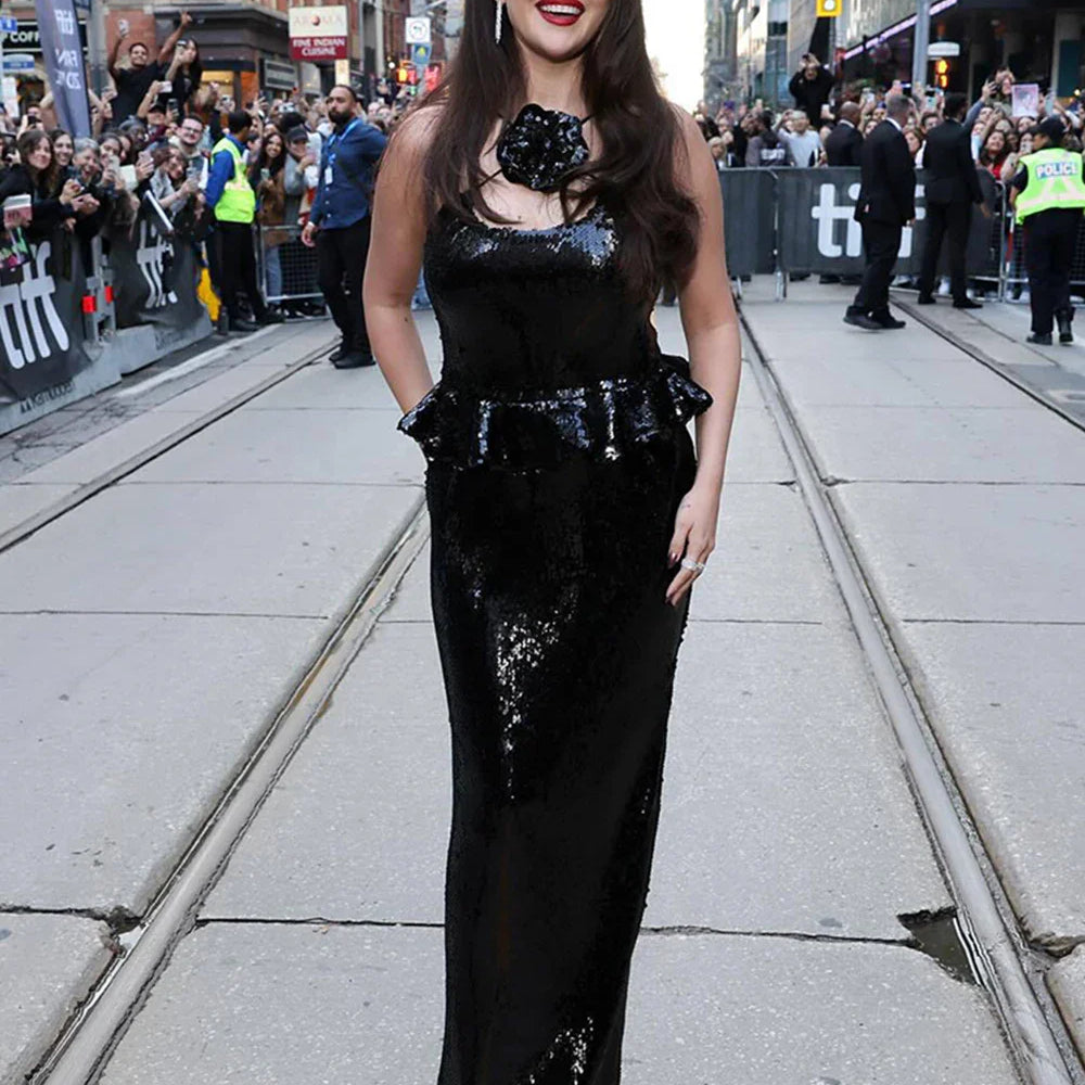 2025 Sexy Women Sequined Long Dress Spaghetti Strap Sleeveless Three-Dimensional Flower Decoration Backless Dress Party Vestidos