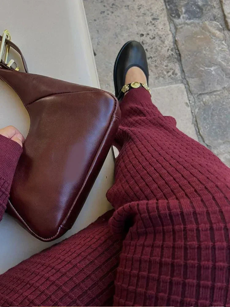 Autumn Women Wine Red Knit Sweater 2 Peice Sets V-neck Cardigan Coats High Waist Wide Leg Pants Ladies Fashion Casual Suits