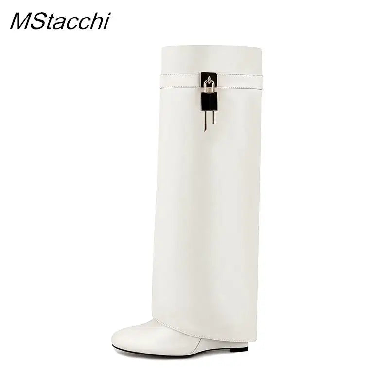 Lock Metal Buckle Women Knee High Boots Wedges Shoes For Woman Punk Style Round Toe Zipper Cowboy Boots Trend 2025 Female Shoes WHITE