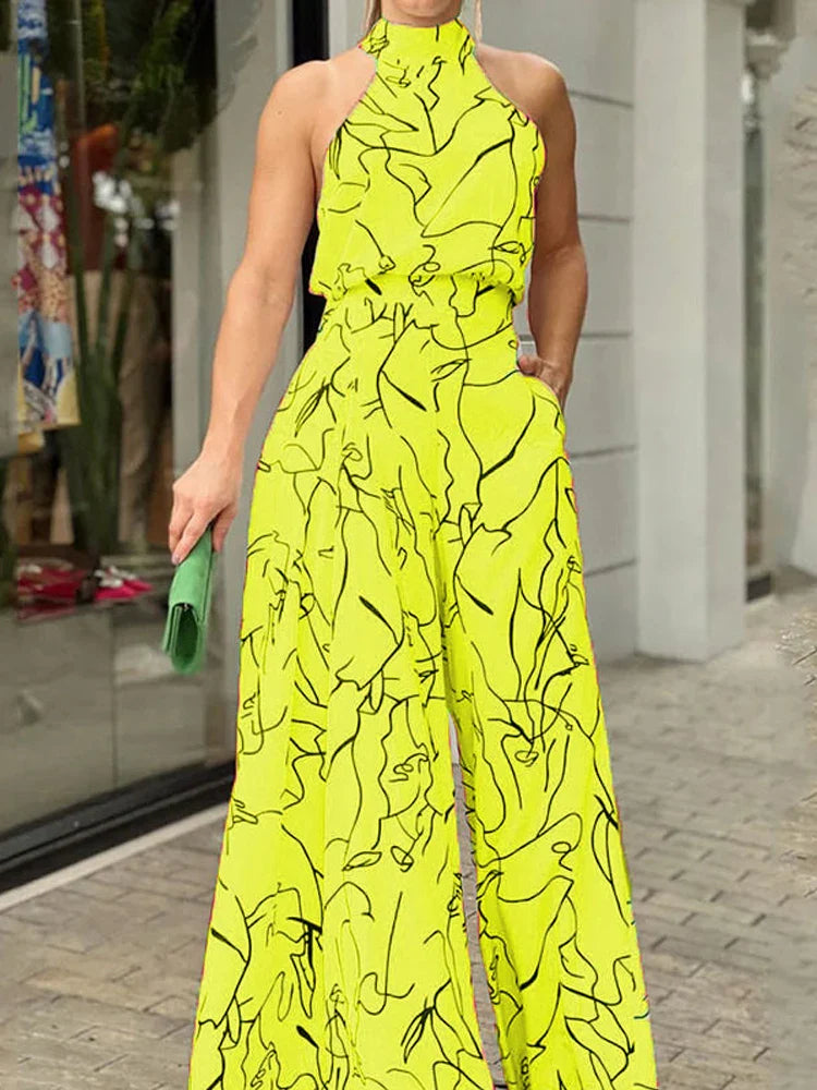 Women's Elegant Waist Halter Jumpsuit Casual Print Tie Sleeveless Wide Leg Long Pant Summer Clothing Yellow