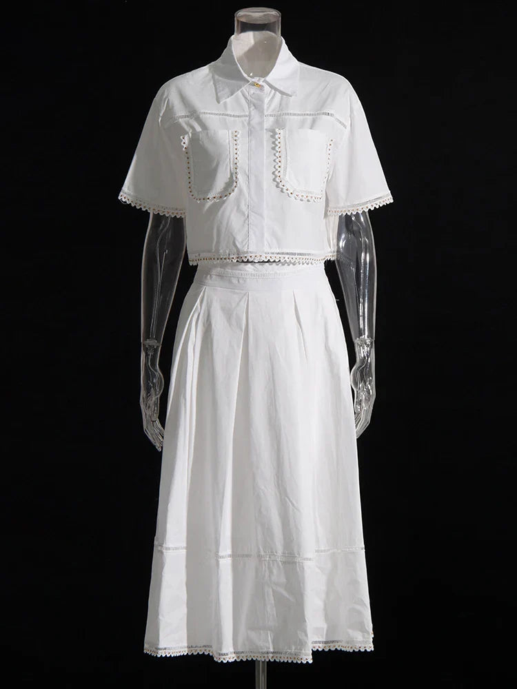 Solid Summer Two Piece Sets For Women Lapel Short Sleeve Tops High Waist A Line Skirt Slim Set Female Fashion New White