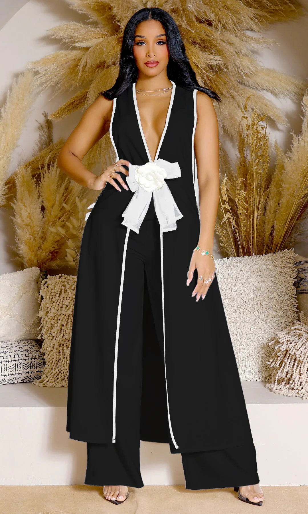 Women Set 3D Flower Sleeveless V-neck X-long Shirt Coats + Wide Leg Pants Two 2 Piece Sets Fashion Outfits 2024 Summer Black