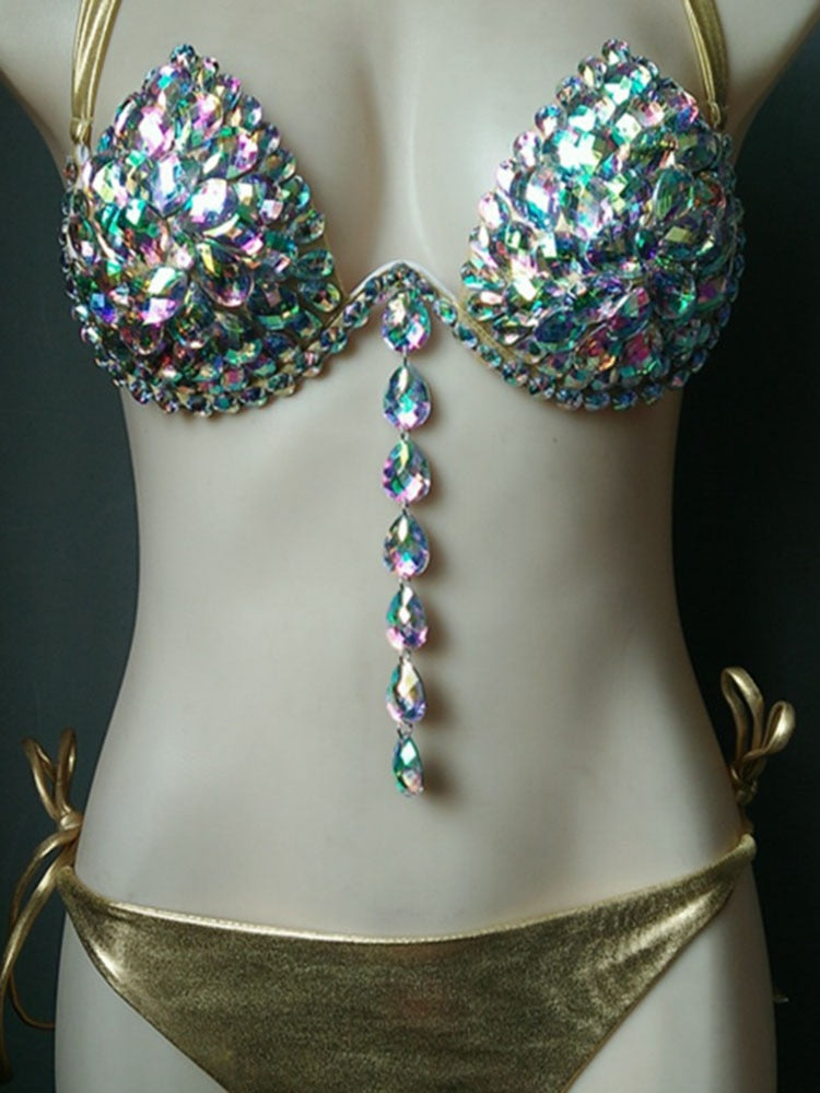 Underwear Sexy Push Up Lingerie Set For Lady 2024 Summer Fashion Shiny Crystal Padded Underwire Party Bras And Thong Set Gold