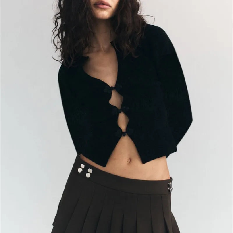 WhereMery Sexy V-neck Hollow Top Chinese Knot Long Sleeve Knitted Summer Slim Fit Waist T-shirt Top Party Nightclub Women black