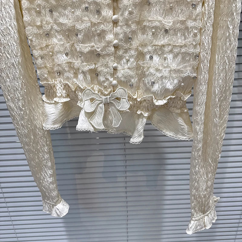 Winter New High-End Elegant Bowknot Pin Beaded Pleated Design Shirt For Women Versatile Blouse Female Trend 11A07851